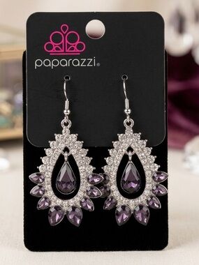 Paparazzi Amethyst Halo Teardrop Dangle Earrings - Purple and Silver